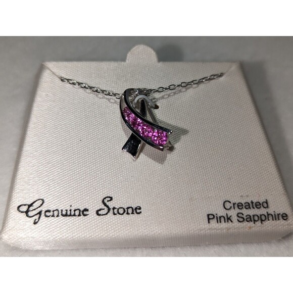 Pink Saphire Breast Cancer Charm Pin Necklace - Picture 2 of 6